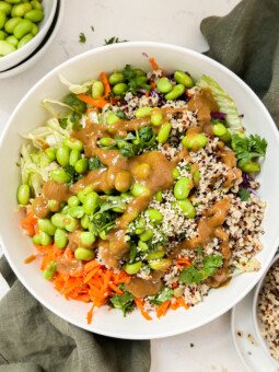 bowl with tons of veggies and edamame