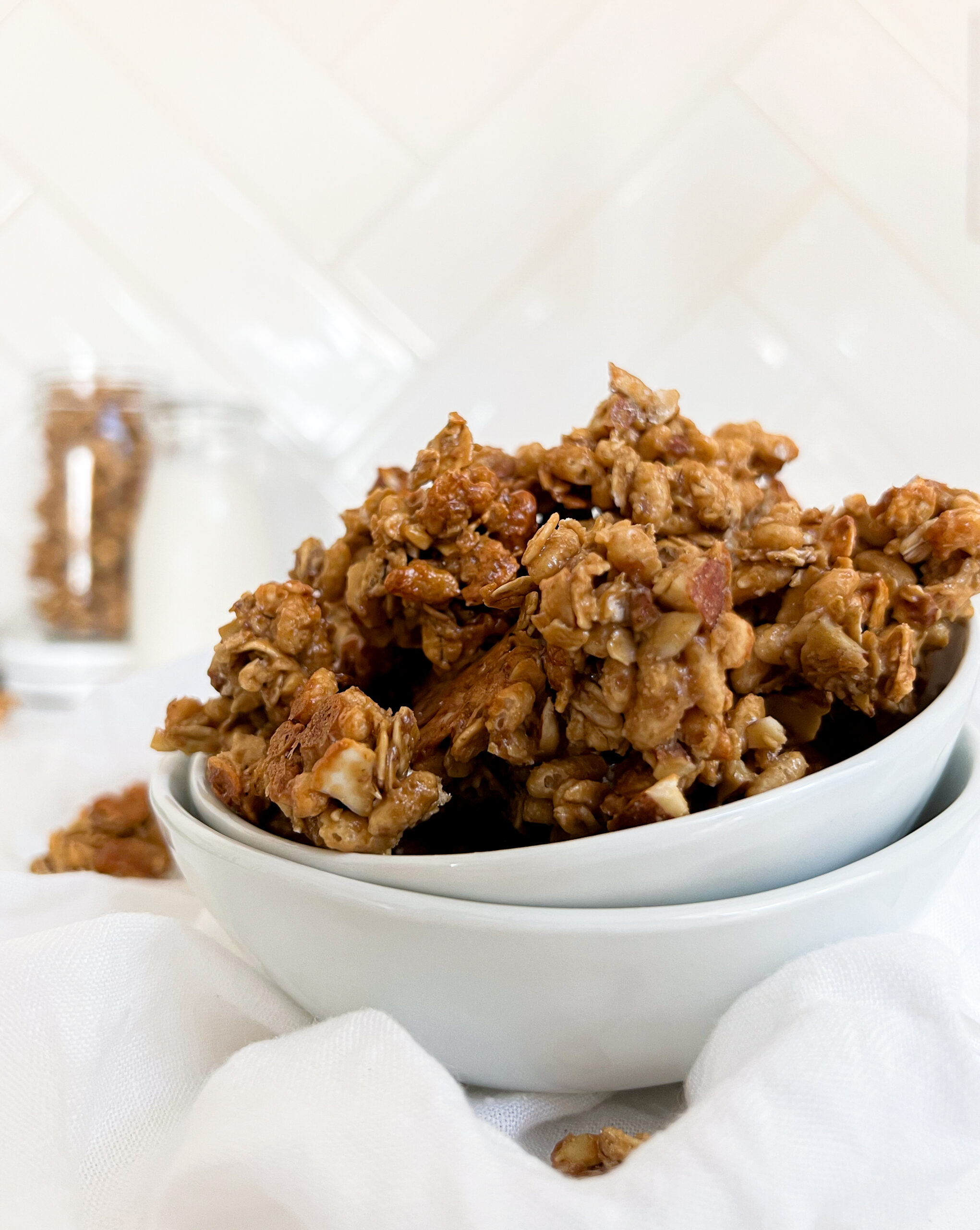 snacking granola in a white bowl