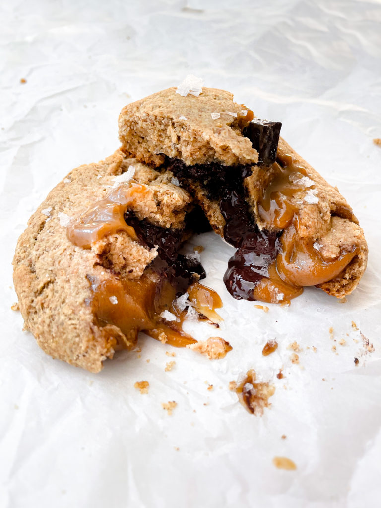 caramel and chocolate stuffed single-serve, vegan cookie