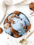 banana-free Cookie Monster soft serve with vegan cookies and cacao nibs on top