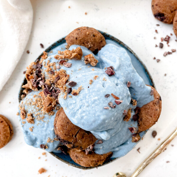 banana-free Cookie Monster soft serve with vegan cookies and cacao nibs on top