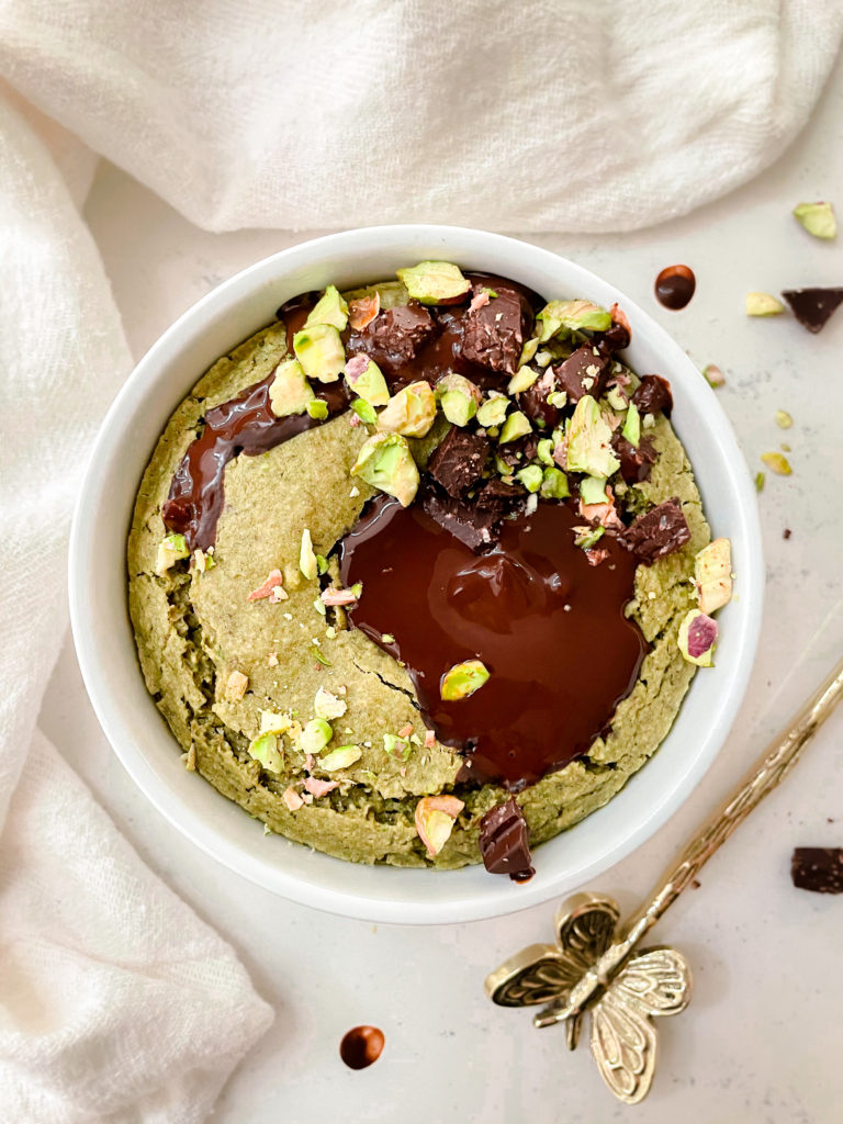 pistachio vegan baked oatmeal stuffed with vegan chocolate ganache and topped with flaky salt