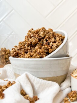 cinnamon and honey granola in white bowl