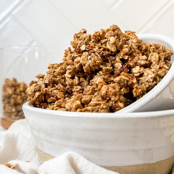 cinnamon and honey granola in white bowl