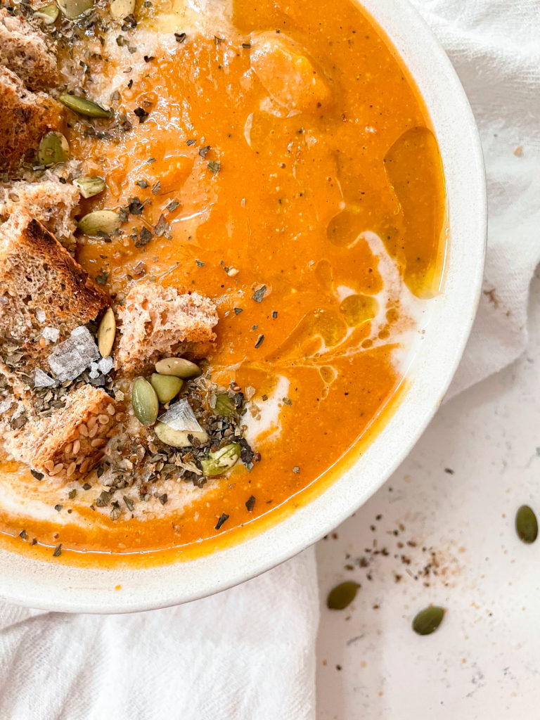 vegan fall harvest soup with croutons and squash