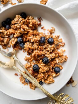 homemade honey nut cereal in a bowl with milk and blueberries