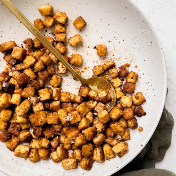 speckled plate of spicy and crispy baked tofu