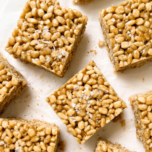 healthy rice krispie treats with flaky salt on top