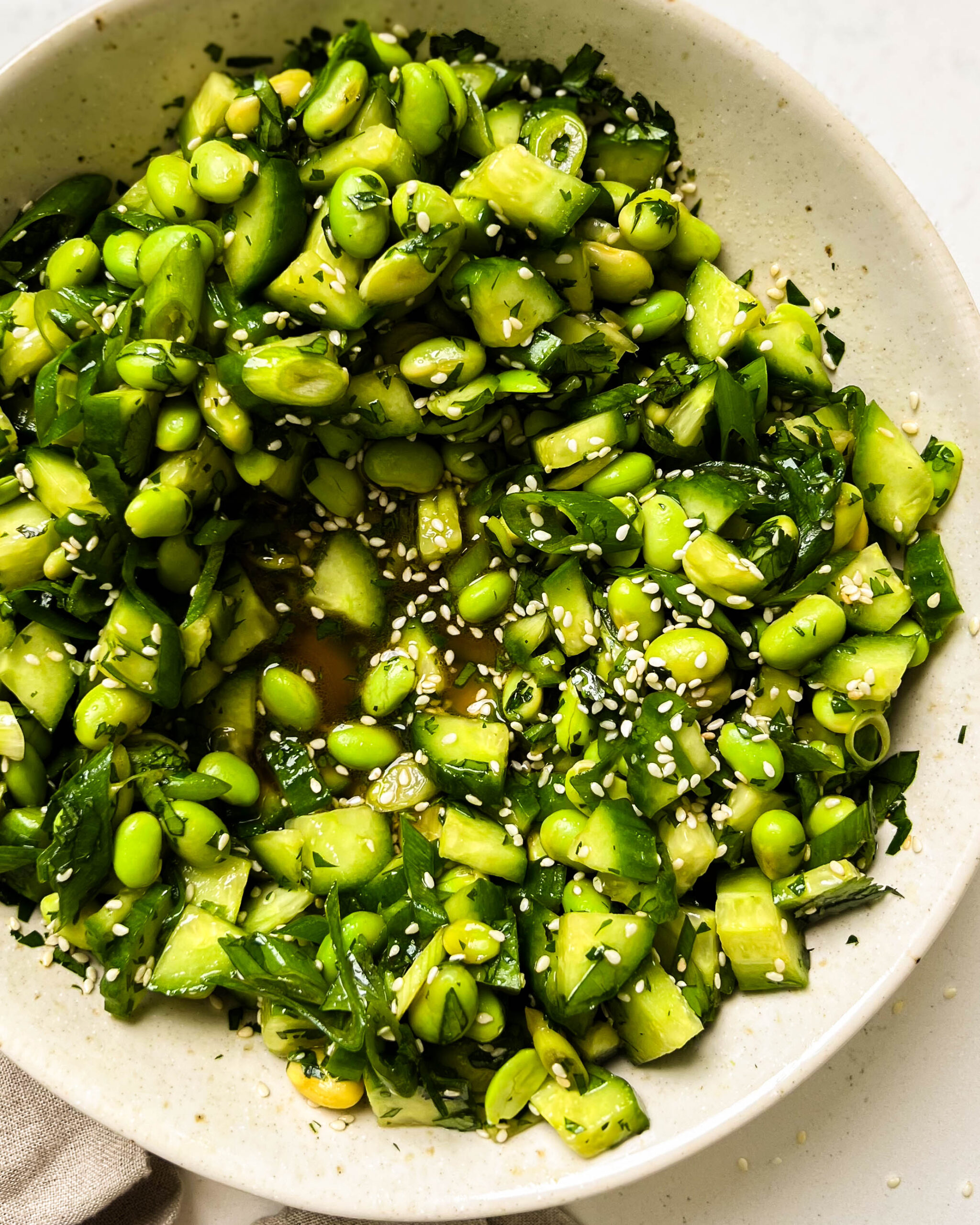 cucumber edamame salad in a bowl