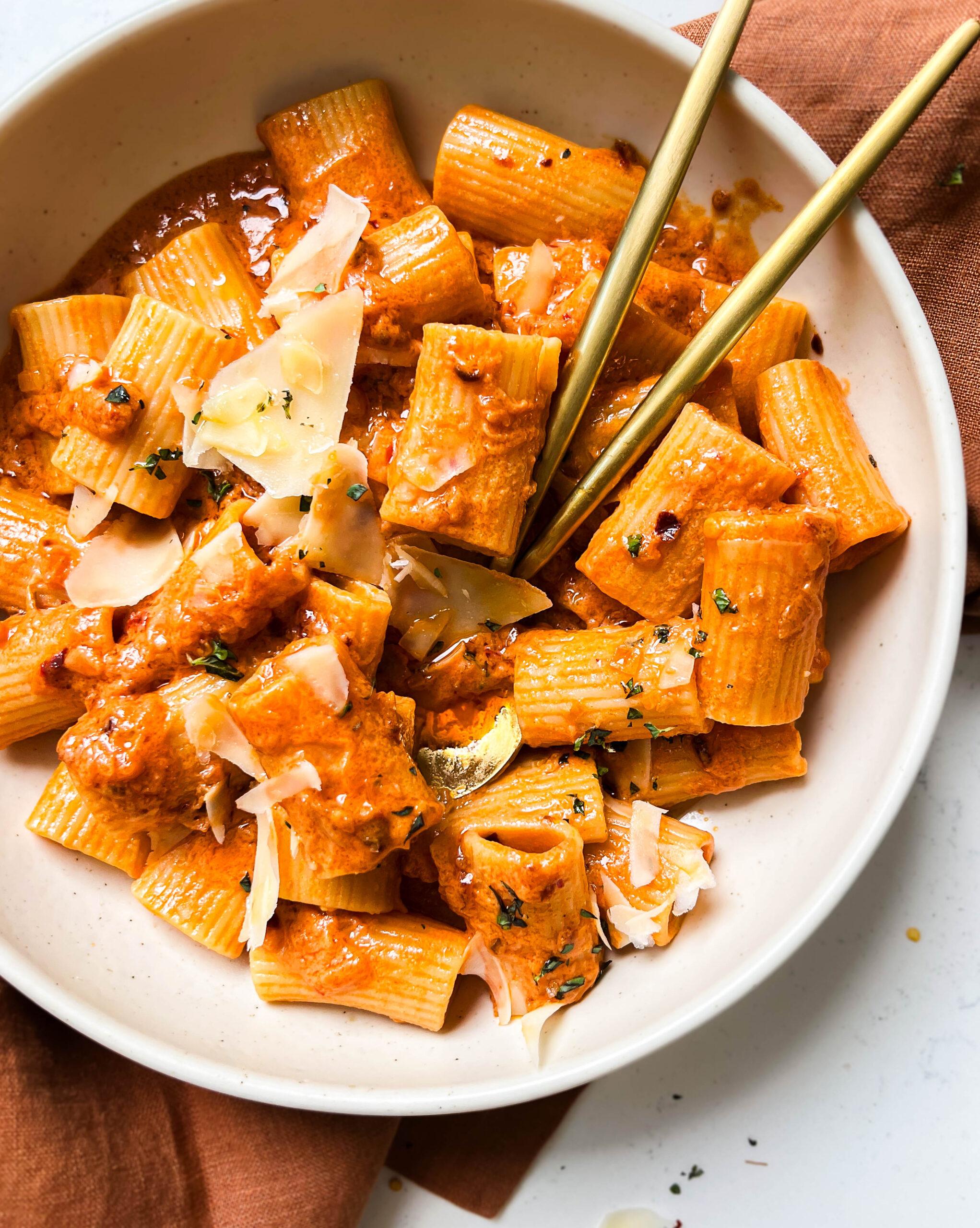 bowl of pasta on a brown linen cloth