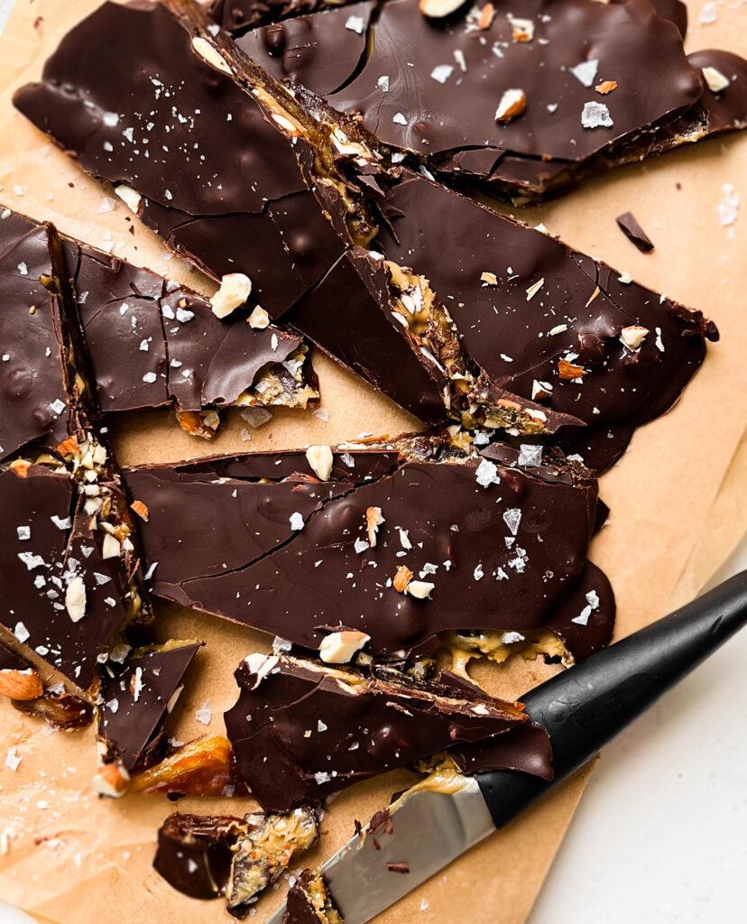 chocolate date bark on unbleached parchment paper