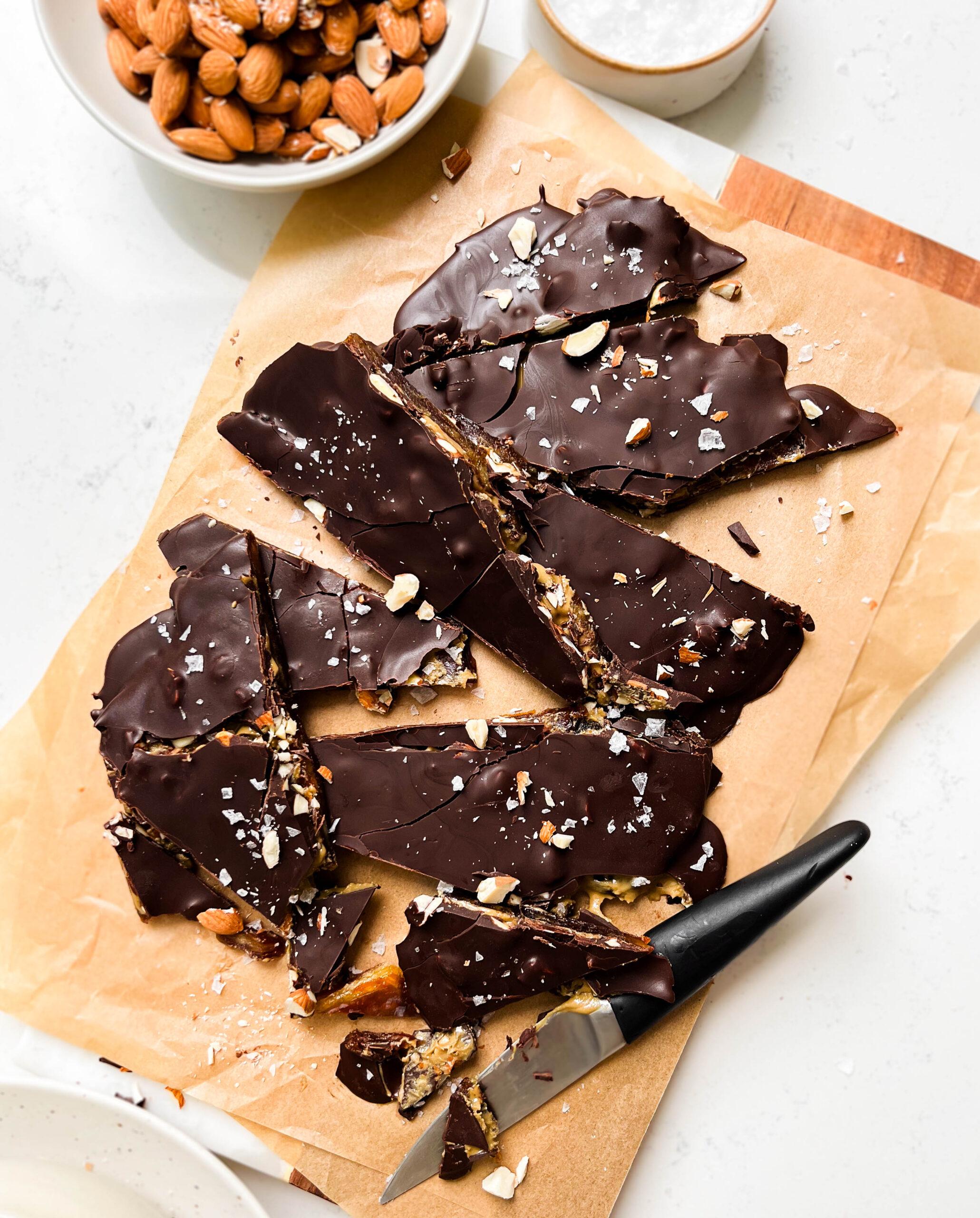 chocolate date bark on unbleached parchment paper