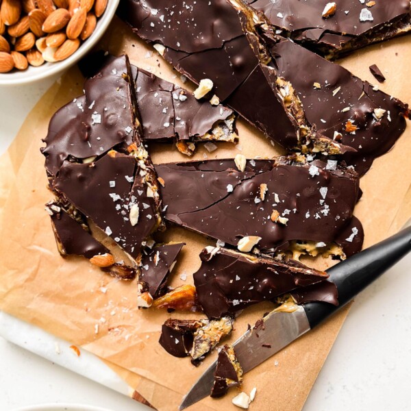 chocolate date bark on unbleached parchment paper