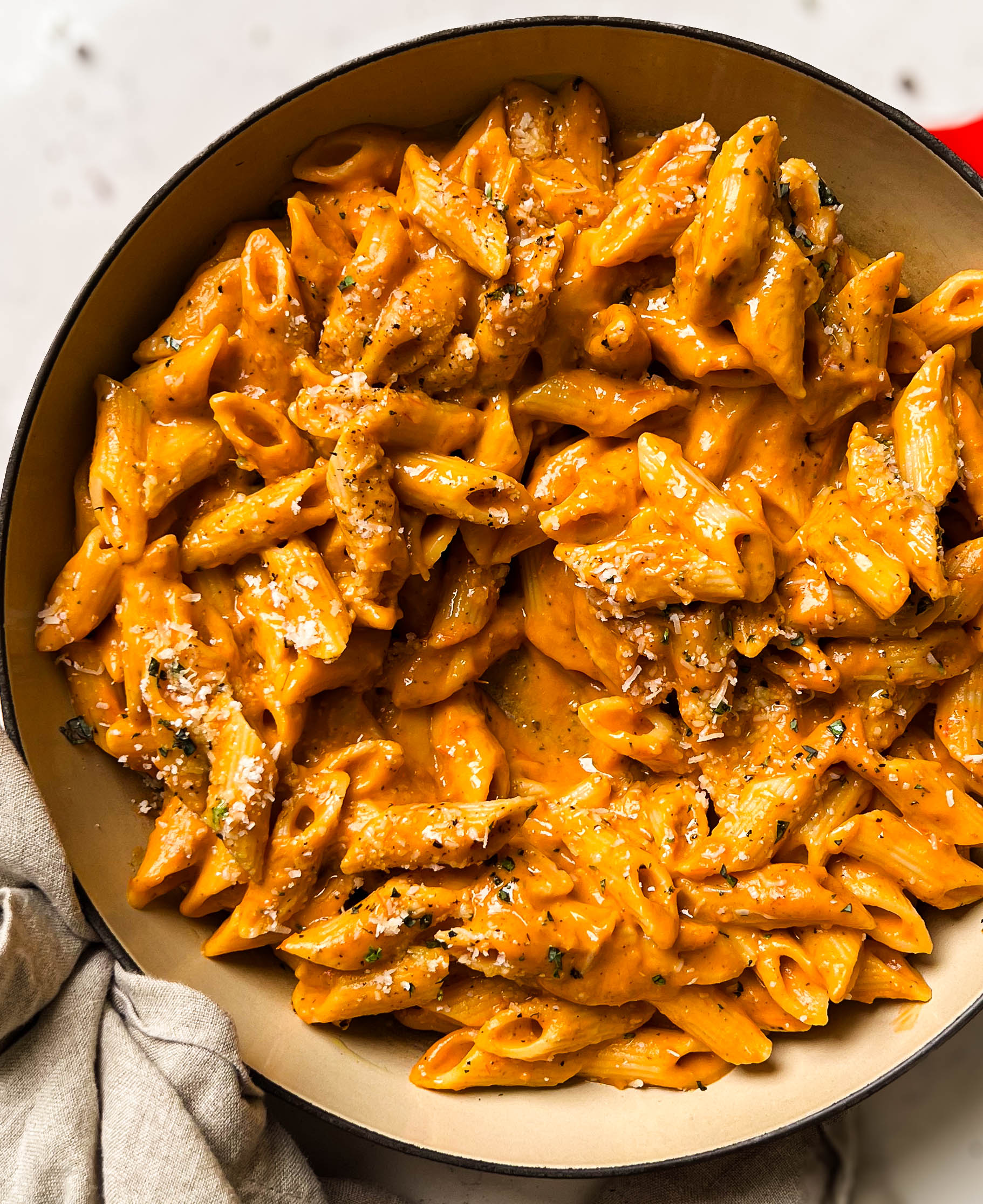 roasted tomato pasta in a pan