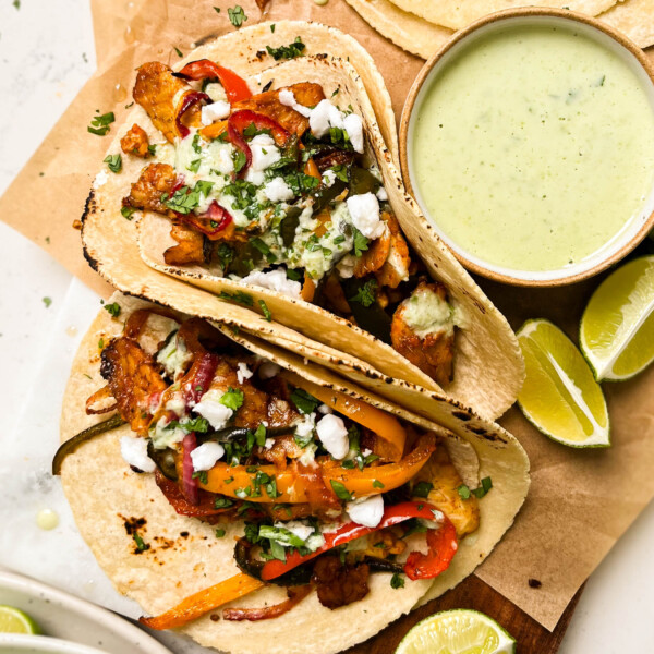 vegan sheet-pan fajitas on a cutting board