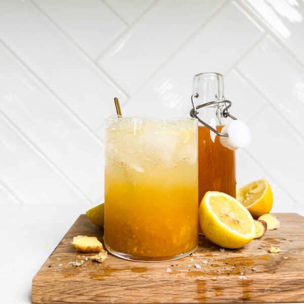 glass of morning tonic on cutting board