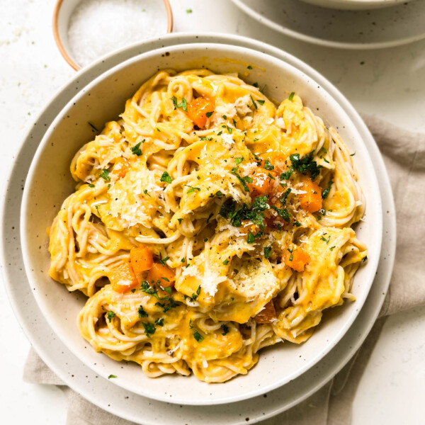 a bowl of roasted butternut squash pasta