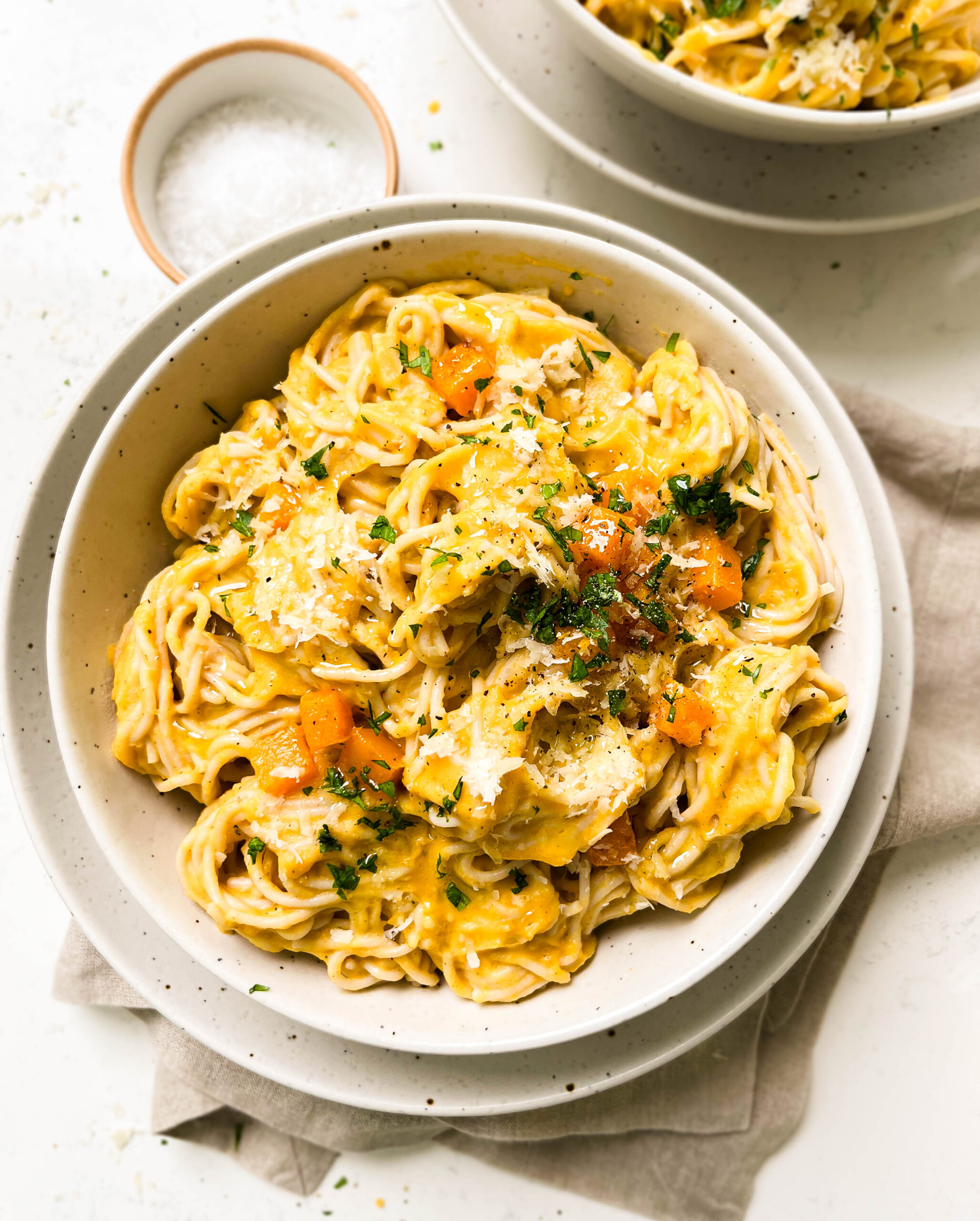 a bowl of roasted butternut squash pasta