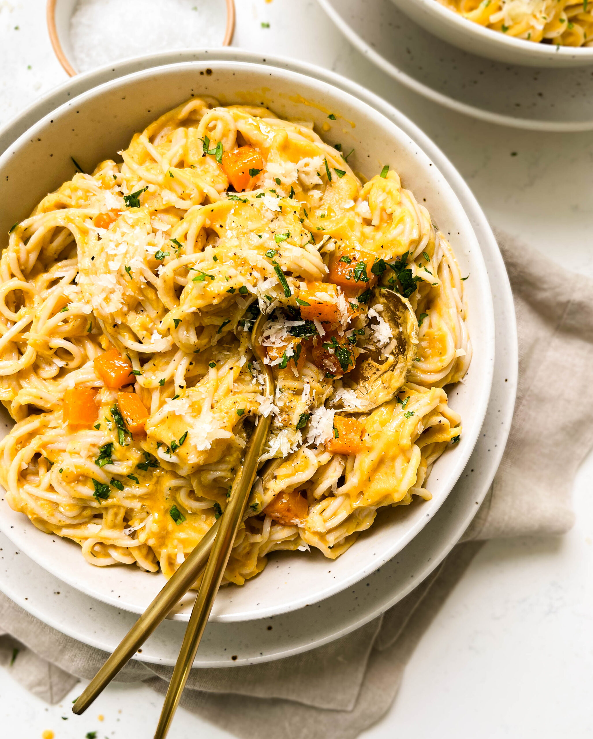 a bowl of roasted butternut squash pasta