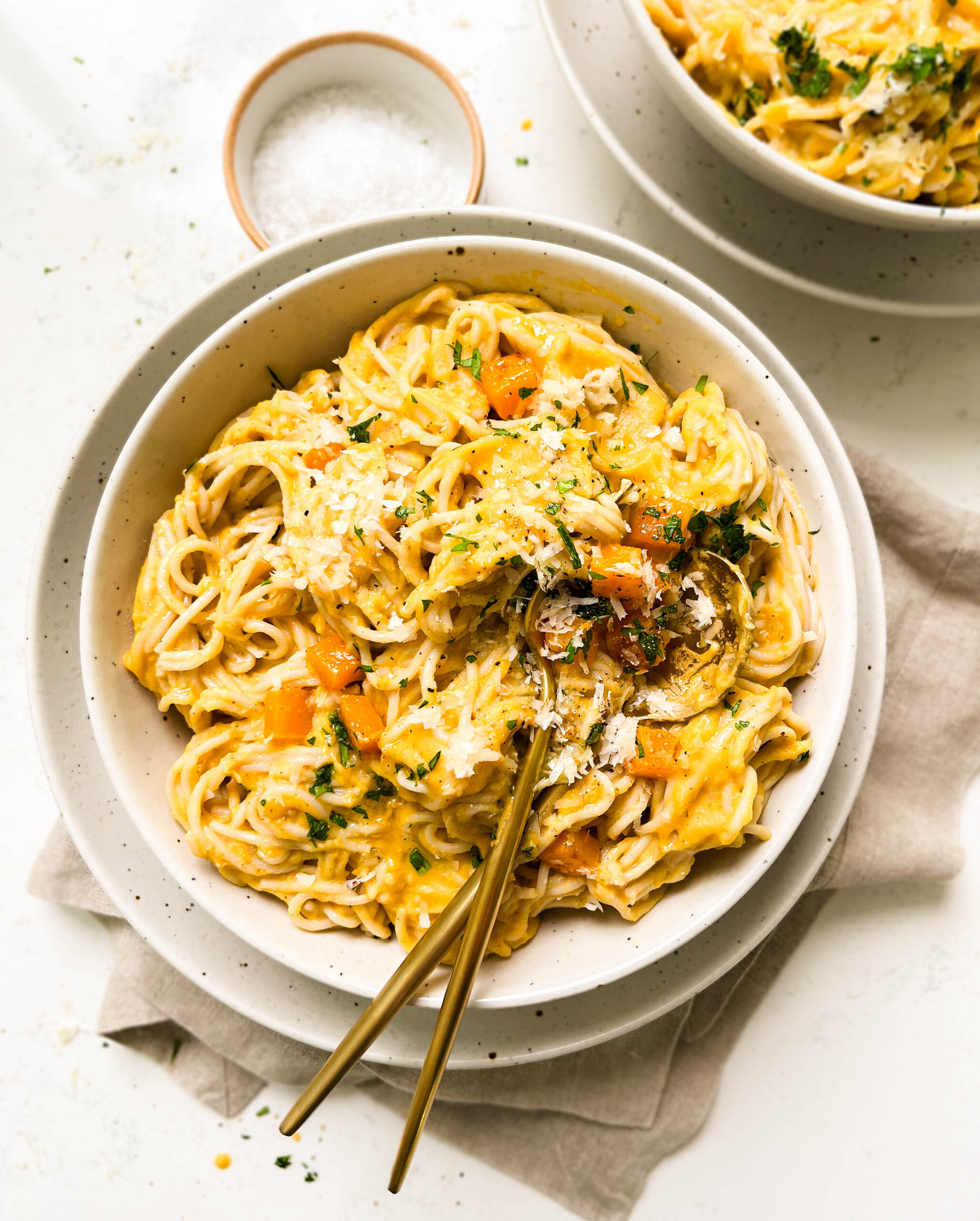 a bowl of roasted butternut squash pasta