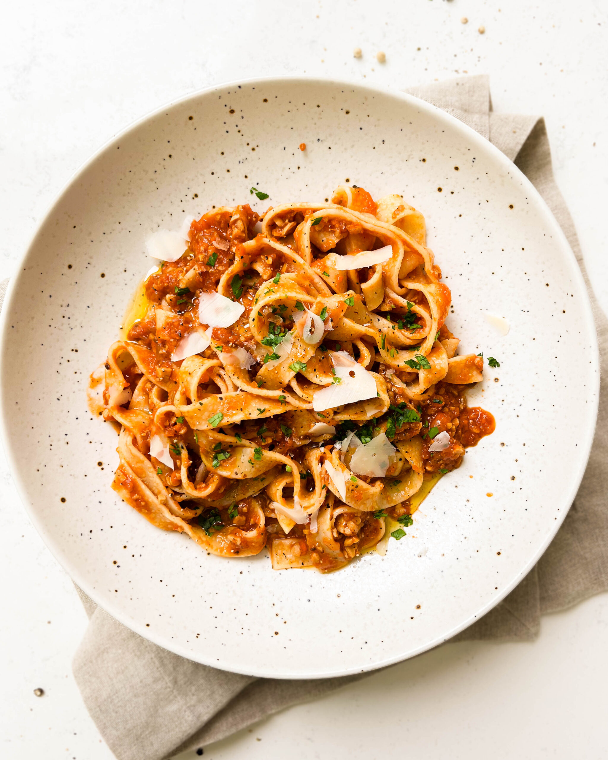 white bowl of vegan ragu