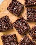 healthy chocolate rice krispie treats on parchment paper