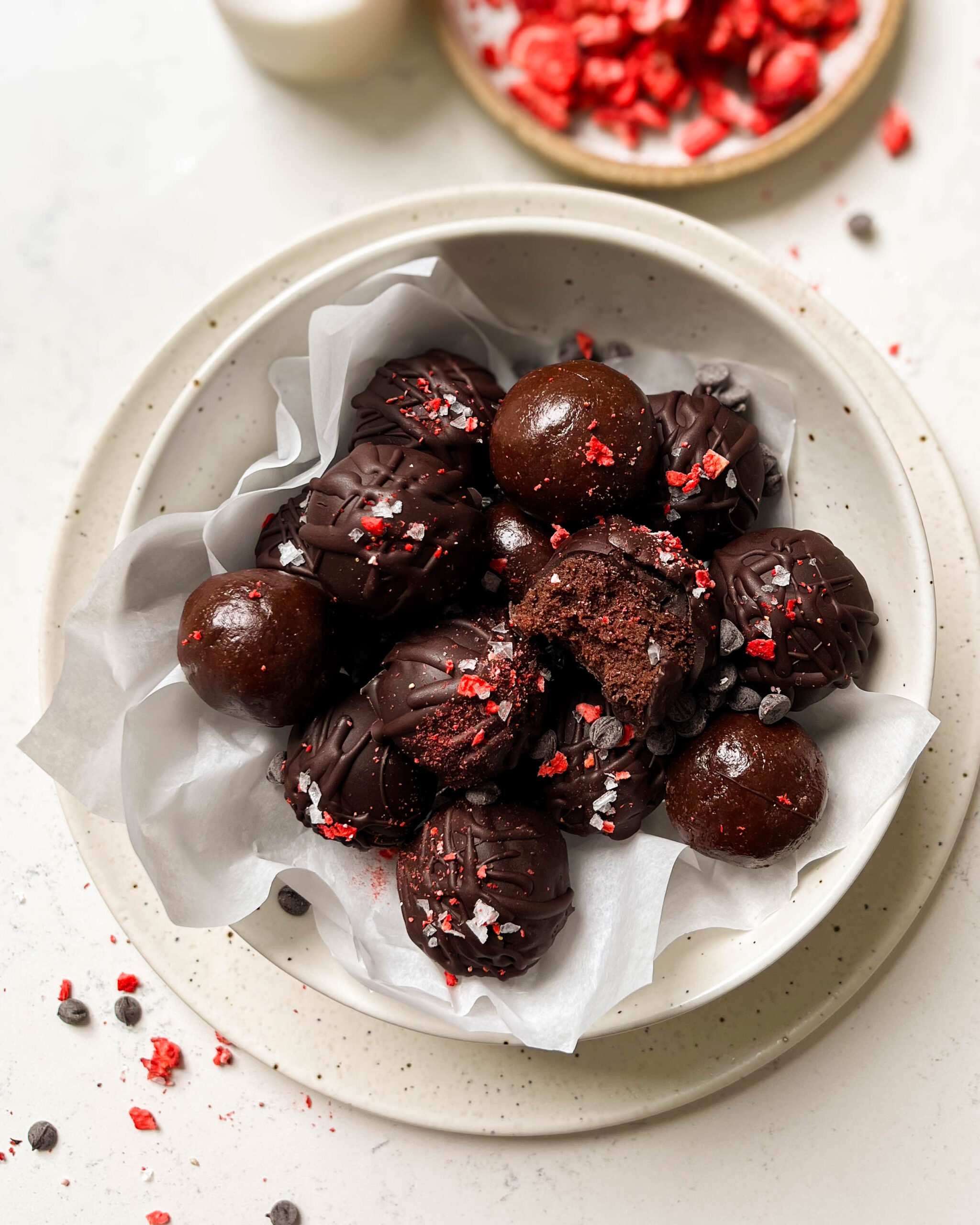 chocolate truffles in a white bowl