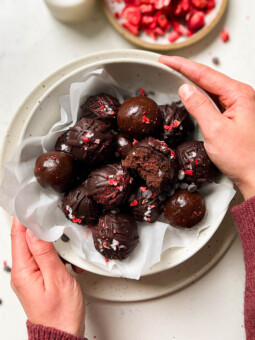 chocolate truffles in a white bowl