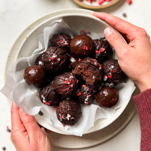 chocolate truffles in a white bowl