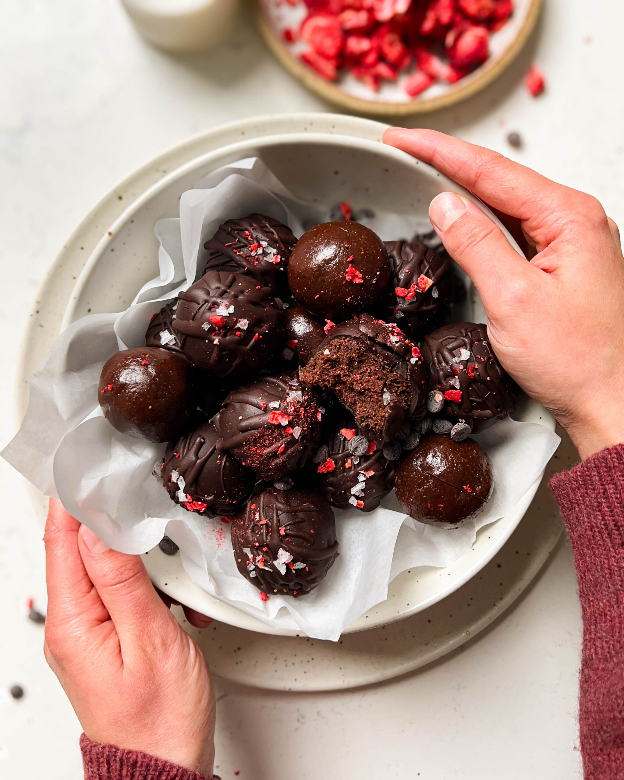 chocolate truffles in a white bowl