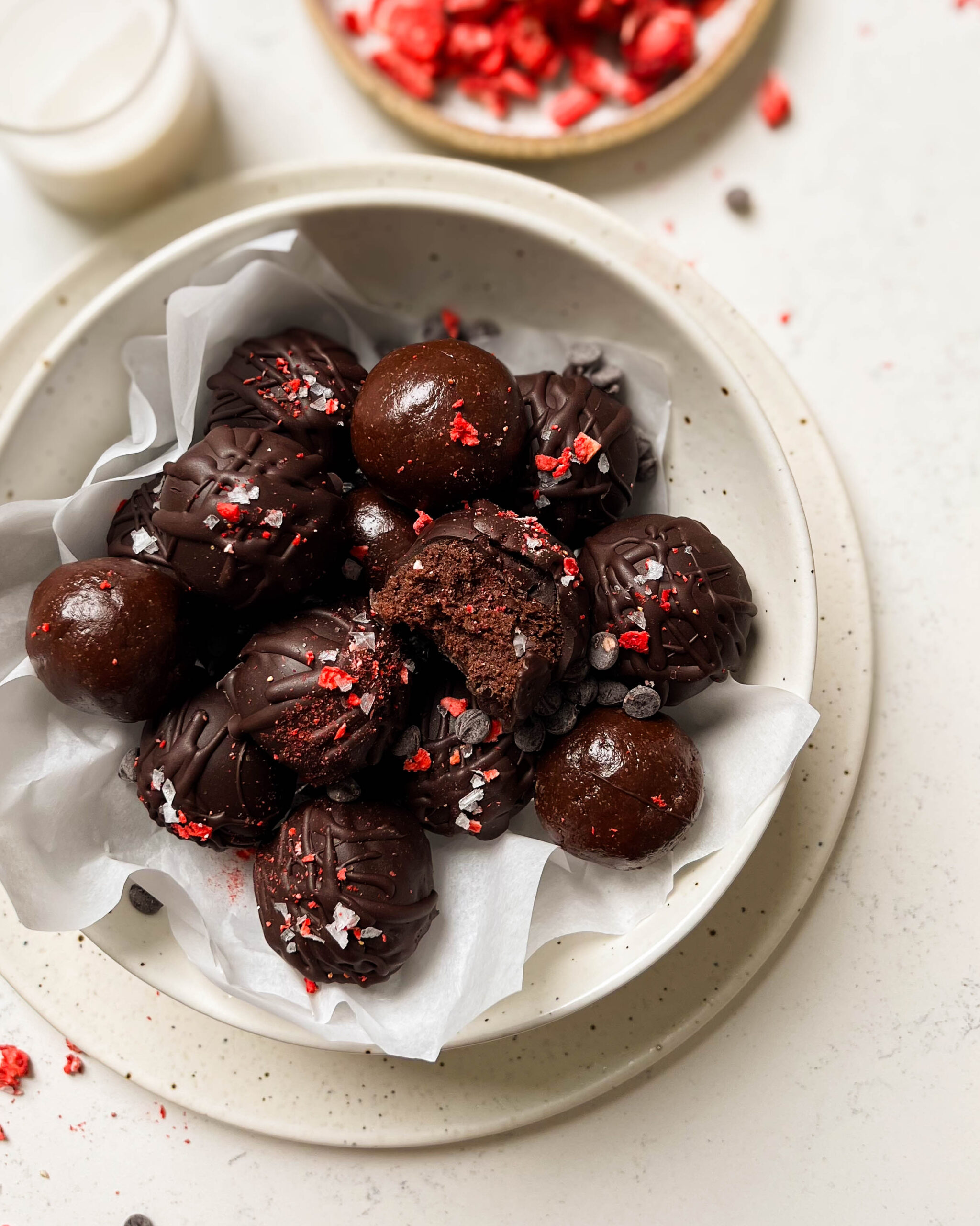 chocolate truffles in a white bowl