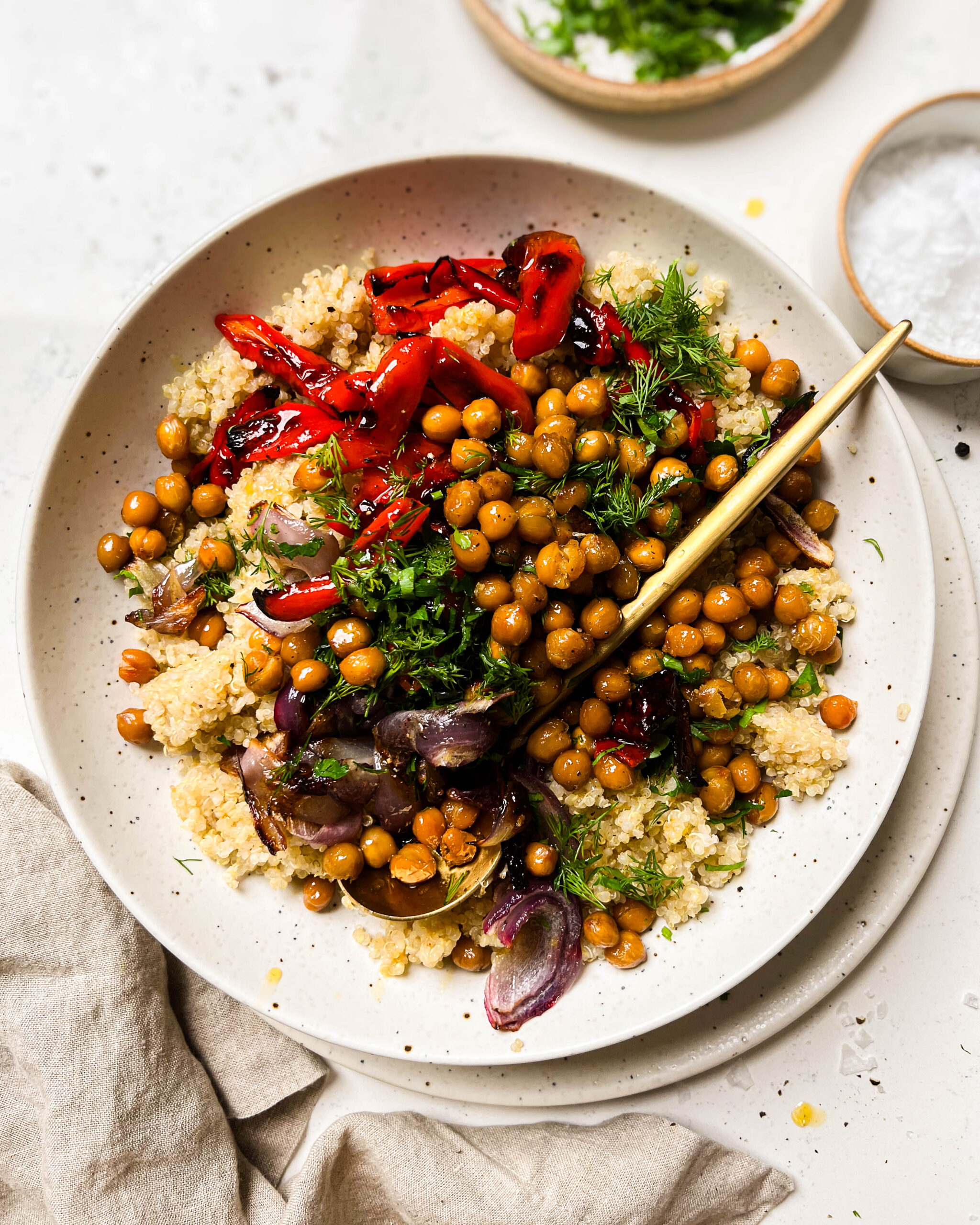 roasted red pepper salad in a white bowl