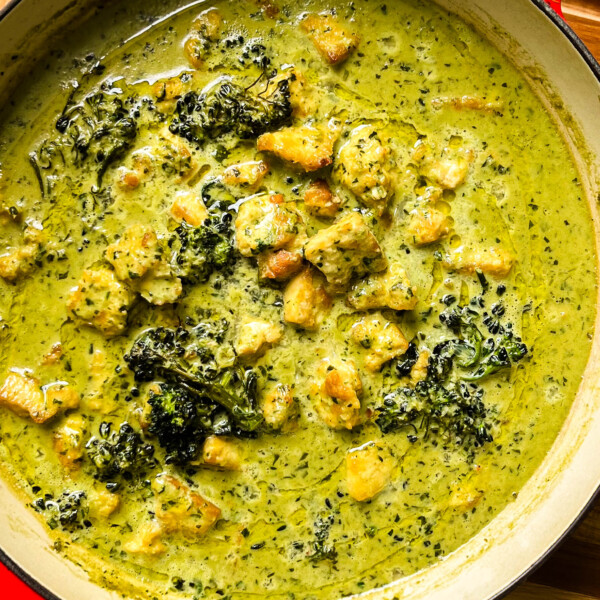 vegan thai green curry in a pan