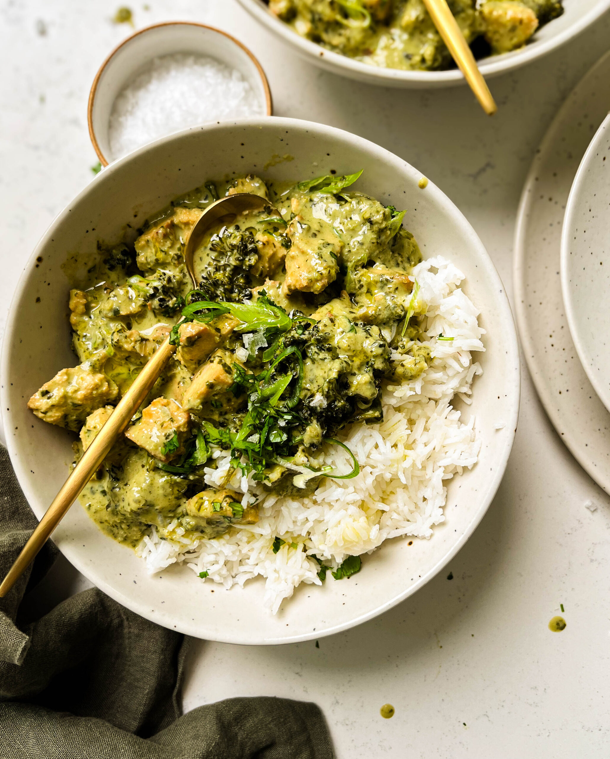 vegan thai green curry over a bowl of rice