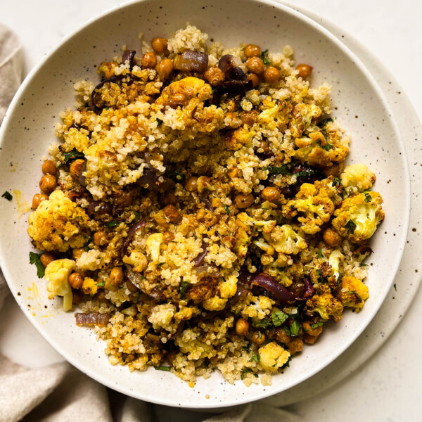 cauliflower salad in a white bowl