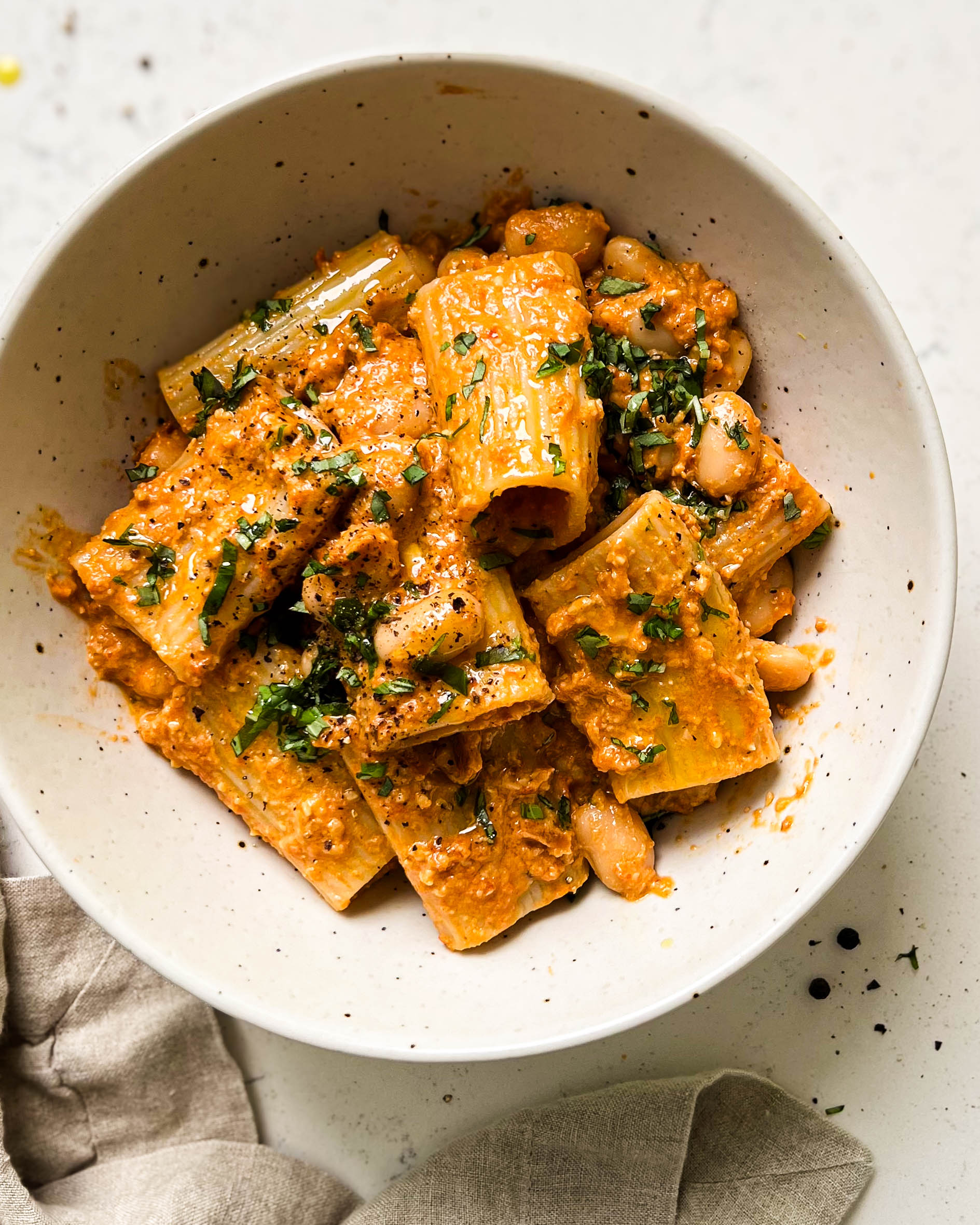 sun-dried tomato pesto pasta in a bowl