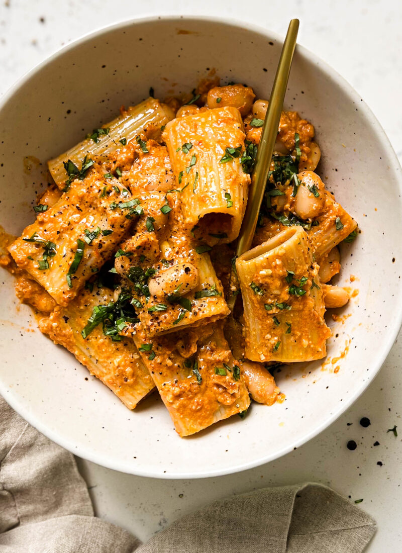 sun-dried tomato pesto pasta in a bowl