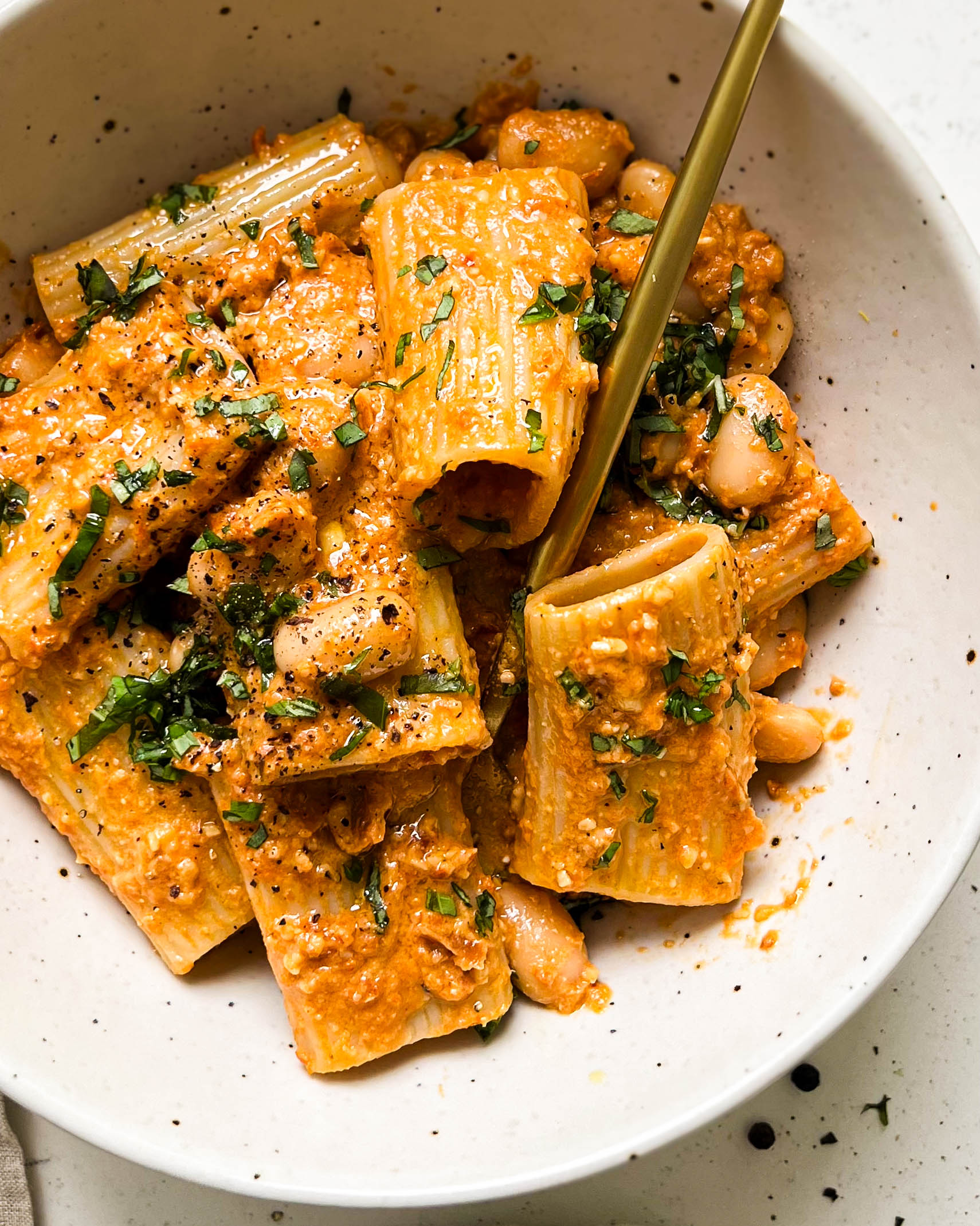 sun-dried tomato pesto pasta in a bowl