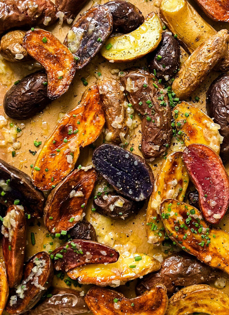 roasted fingerling potatoes on a sheet pan