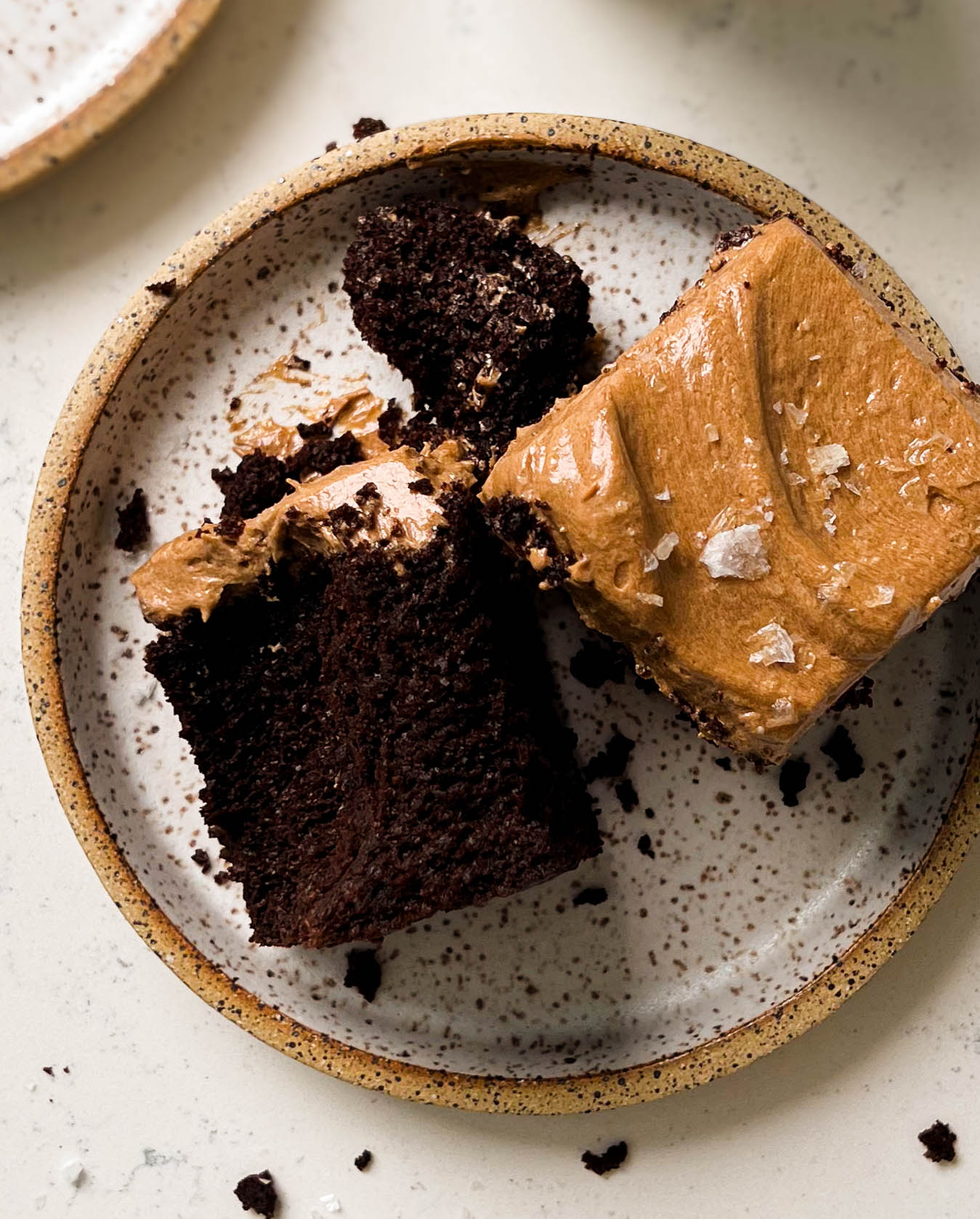 mocha snack cake piece on speckled plate