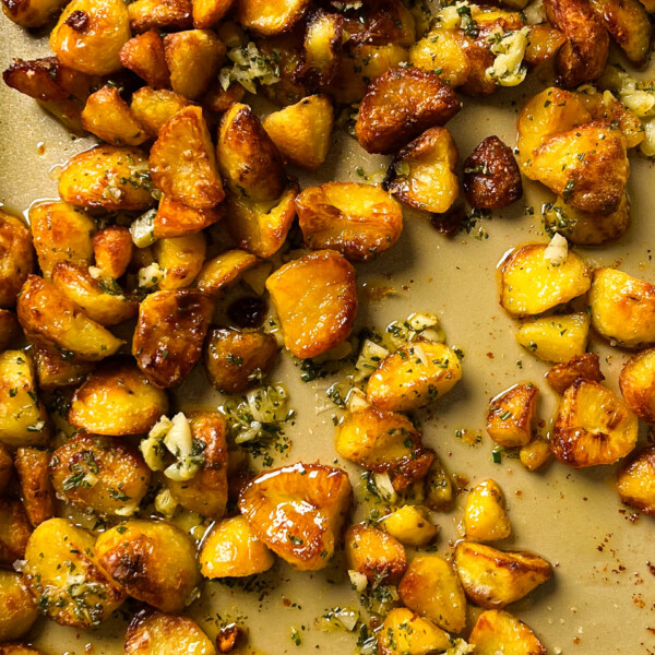 crispy roasted potatoes on a sheet pan