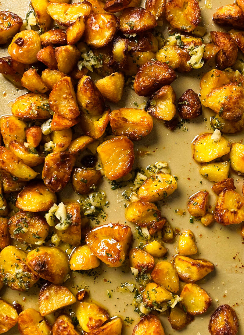 crispy roasted potatoes on a sheet pan