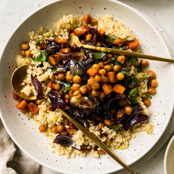 butternut squash salad in a speckled white bowl