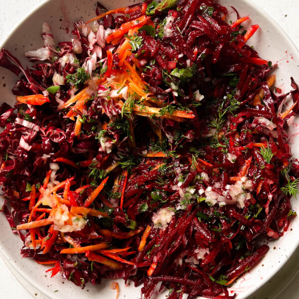 grated beet salad in a bowl