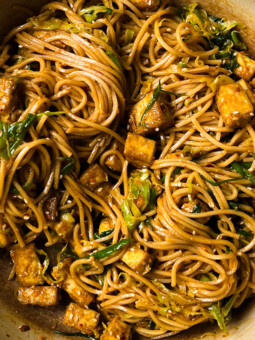 scallion chili oil noodles in a pan