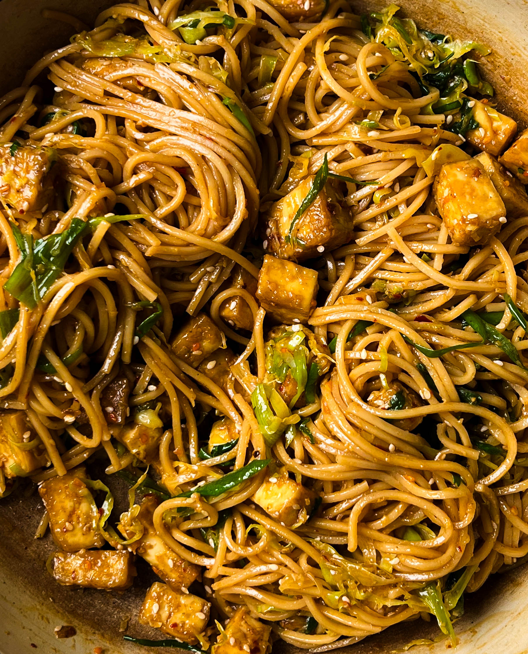 scallion chili oil noodles in a pan