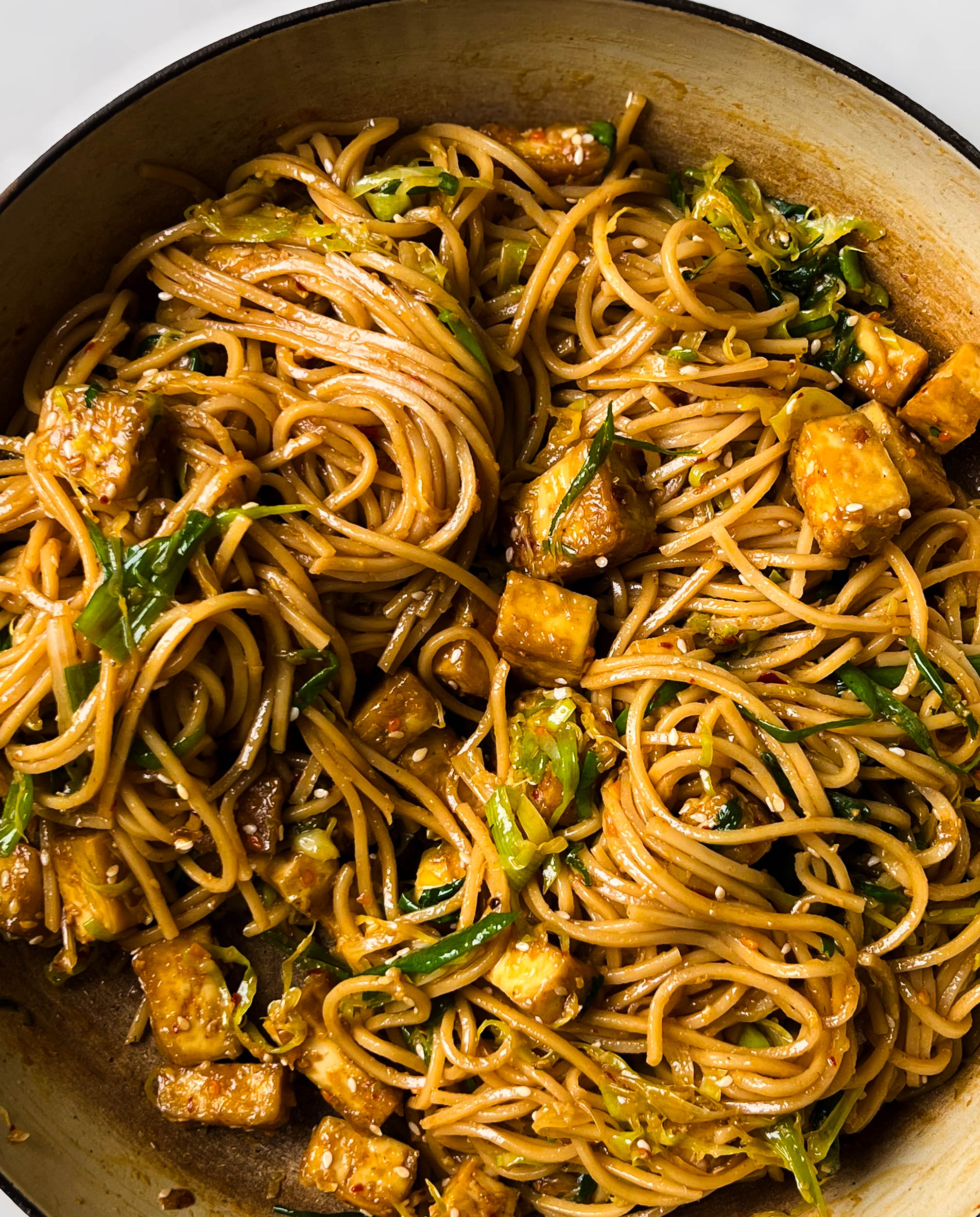 scallion chili oil noodles in a pan