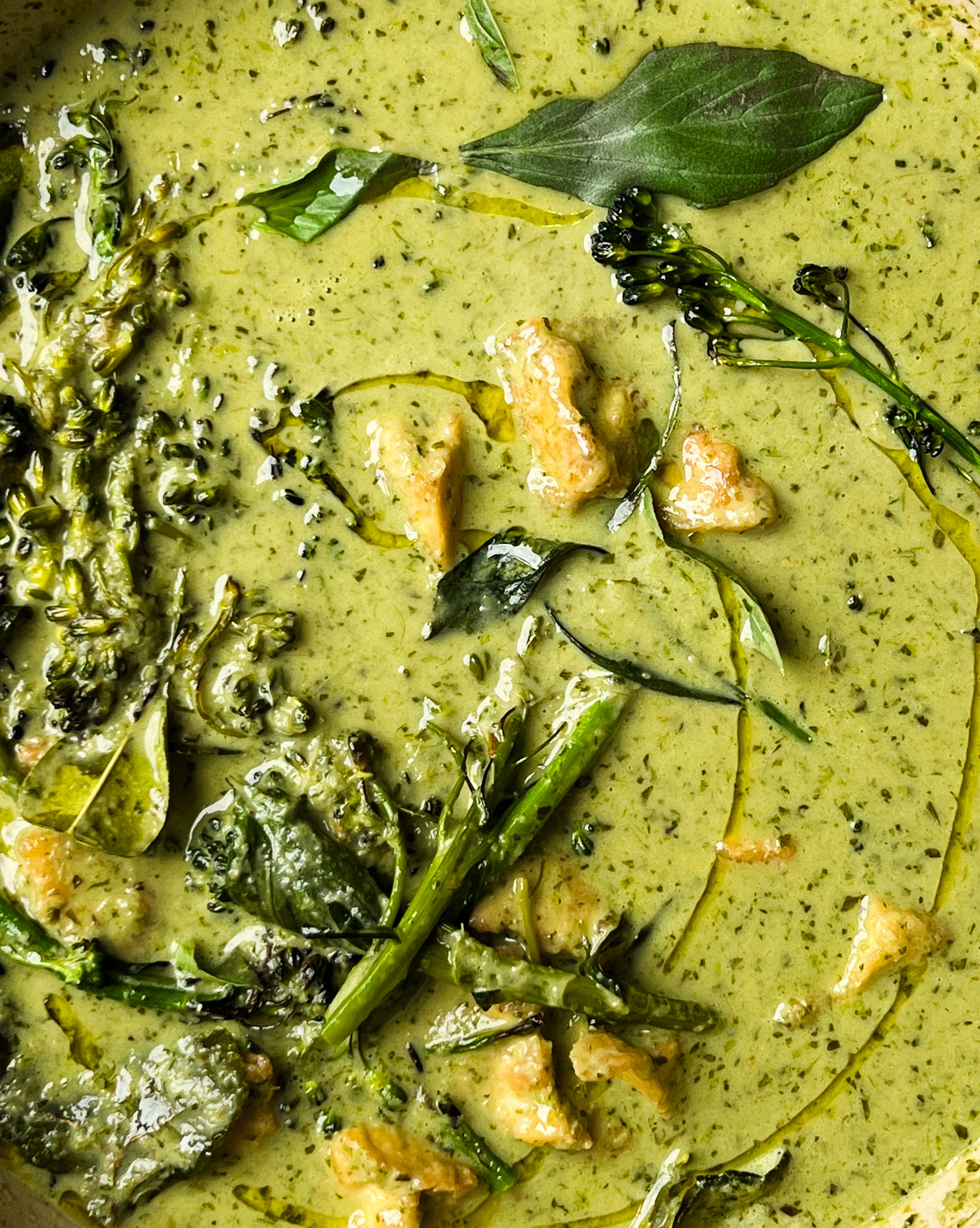 vegan thai green curry in a pan