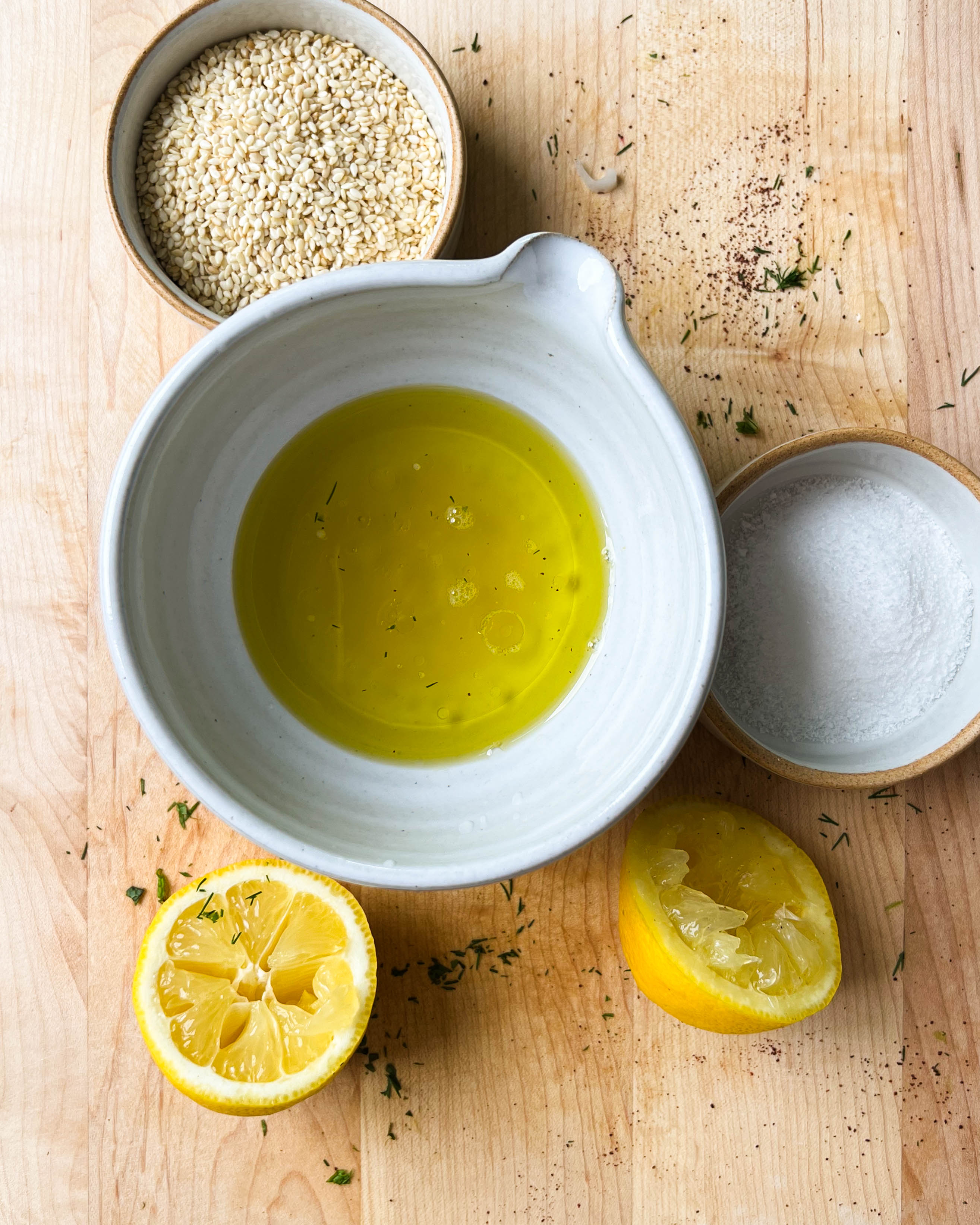 lemon vinaigrette in a white bowl 