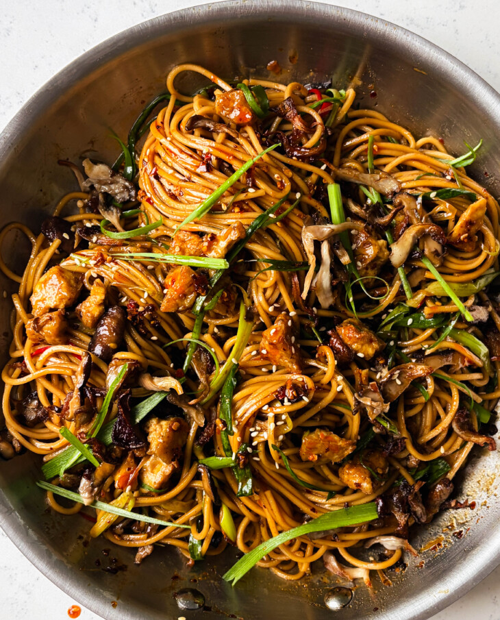 miso mushroom noodles in a skillet